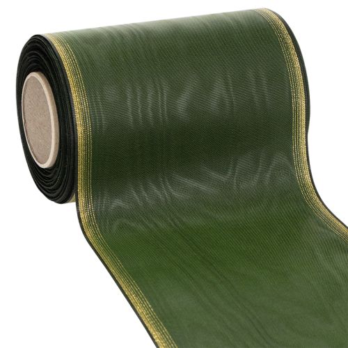 Floristik24 Moiré-kransbånd, 150 mm, mørkegrønt med gullperlekant, taftvevd, 25 m rull for dekorasjon og design