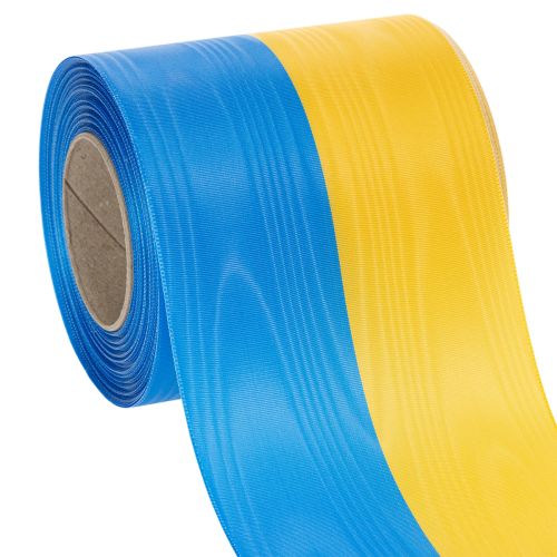 gjenstander Blått og gult moiré-kransbånd, 100 mm, nasjonalt bånd, klubbbånd, dekorativt bånd, festlig sørgebånd, acetat