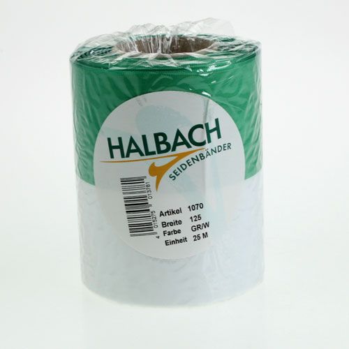 gjenstander Moiré-kransbånd 125 mm x 25 m i grønt og hvitt, taftvevd bånd, nasjonalt bånd, dekorativt bånd