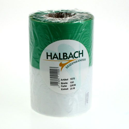 gjenstander Moiré kransbånd grønn-hvitt 150 mm, dekorativt bånd, sløyfebånd, taftkvalitet 25 m