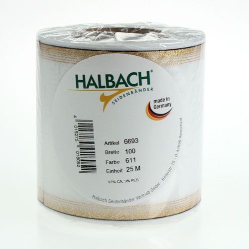 gjenstander Hvitt moiré-kransbånd med perlekant og taftkant, dekorativt bånd, sørgebånd, bredde 100 mm, lengde 25 m