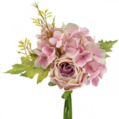 gjenstander Kunstig bukett, hortensia bukett med roser rosa 32cm