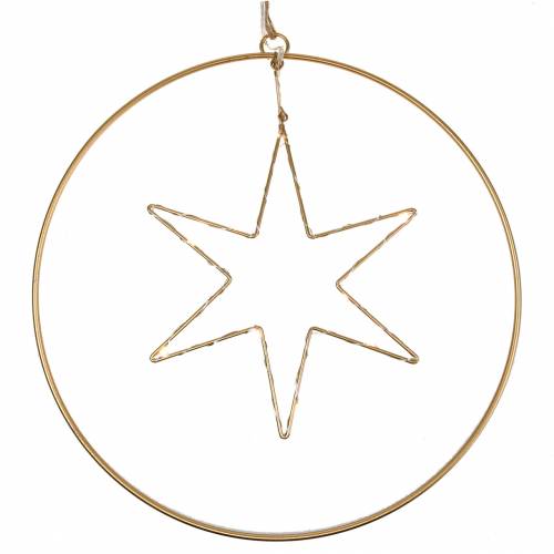 Floristik24 LED -stjerne i en dekorativ ring for å henge i gyllent metall Ø30cm