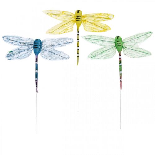 Sommerpynt, øyenstikkere på ståltråd, dekorative insekter gul, grønn, blå B10,5cm 6stk