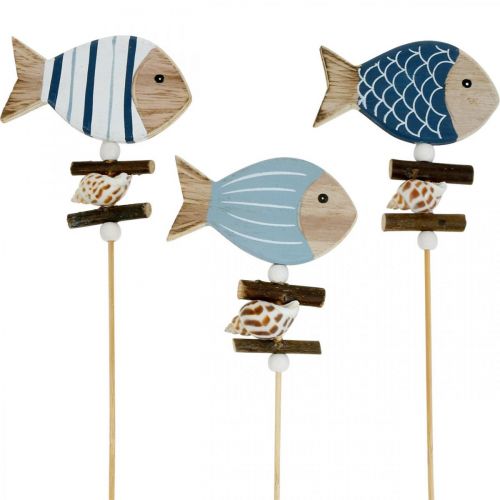 Floristik24 Maritime dekorative plugger, fisk og skjell på pinnen, marine dekorasjoner, trefisk 6 stk