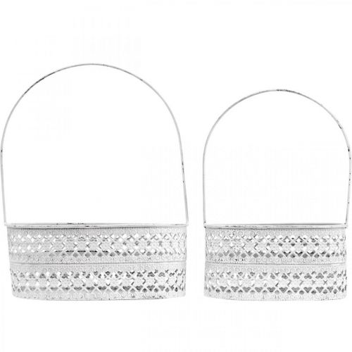 Floristik24 Metallkurv oval, dekorativt kar for å plante hvit, sølv vintage-look L17 / 22cm H25 / 28cm sett med 2