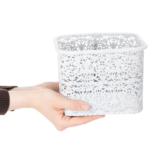 gjenstander Metallskåler med blondemønster, dekorativ beholder, firkantet, shabby chic, hvit, 27/23/19 cm, H13,5 cm, sett med 3