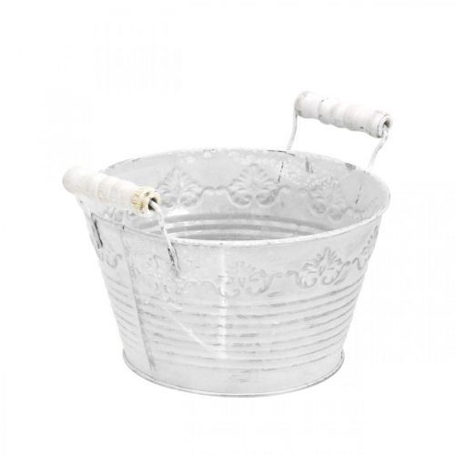 Dekorativ skål for planting, potte med trehåndtak, metalldekor hvit, sølv Ø16,5cm H12,5cm B20cm