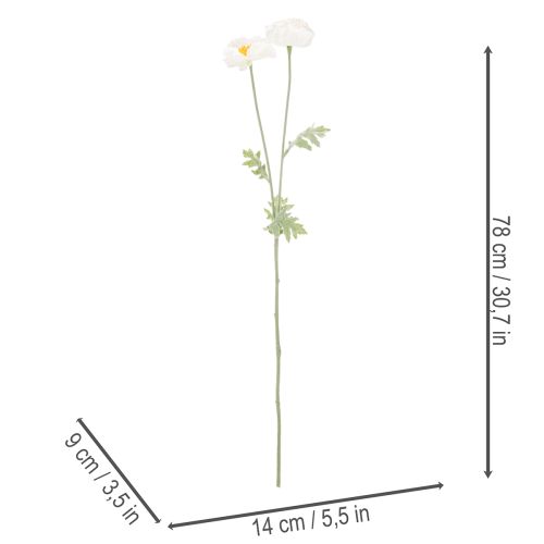 Kunstig valmue, hvit, lang stilk, 78 cm, 3 stk. | Floristik24.no