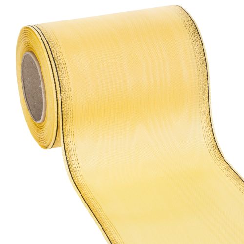 Moiré-kransbånd, gult med gullkant, 125 mm x 25 m - Høykvalitets sorgbånd, dekorativt bånd, sløyfebånd