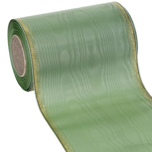 Moiré kransbånd salviegrønt med gullkant, 150 mm x 25 m, dekorativt bånd til blomsterdekorasjoner og kranser