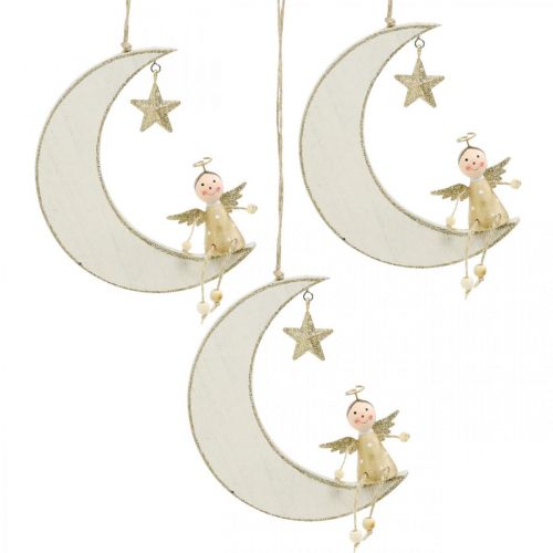 Adventsdekor, engel på måne, tredekor for oppheng hvit, gylden H14,5cm B21,5cm 3stk