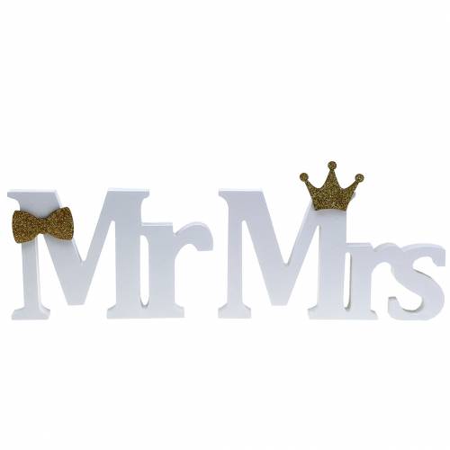 Dekorative bokstaver Mr &amp; Mrs trehvit, gullsortert H11/13,cm sett med 4