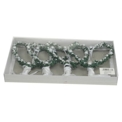 Floristik24 Myrtlehjerte med bånd, perler, rør hvite 4stk