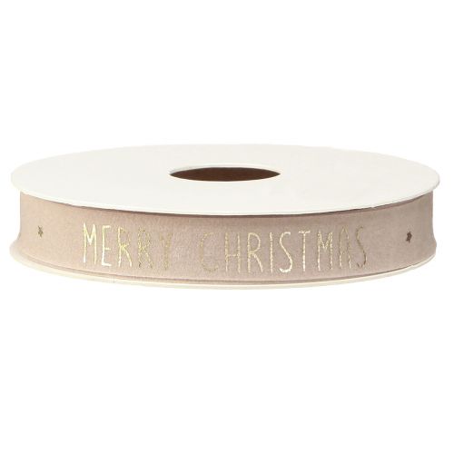 Floristik24 Naturlig fløyels julebånd med 'Merry Christmas' i gull bred 15mm lengde 5m