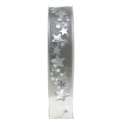 Floristik24 Dekorbånd organza med stjernemotiv grå 25mm 20m