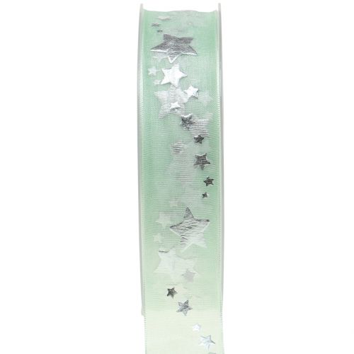 Floristik24 Dekorativ båndorganza med stjernemotiv lysegrønn 25mm 20m