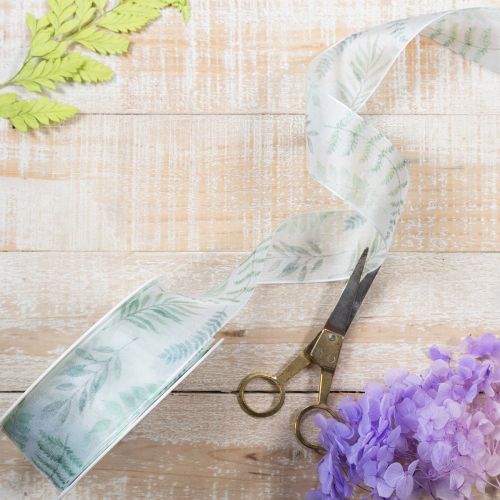 gjenstander Organzabånd, chiffonbånd, bladrike grener, grønn, 40 mm, 15 m