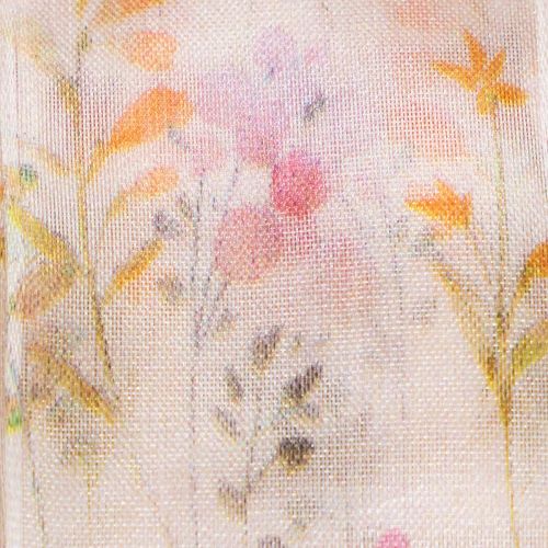 gjenstander Organzabånd, chiffonbånd, blomstermønster, oransje/rosa, 40 mm, 15 m