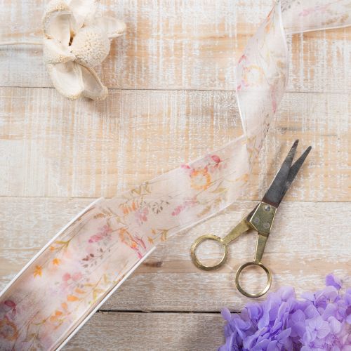 gjenstander Organzabånd, chiffonbånd, blomstermønster, oransje/rosa, 40 mm, 15 m