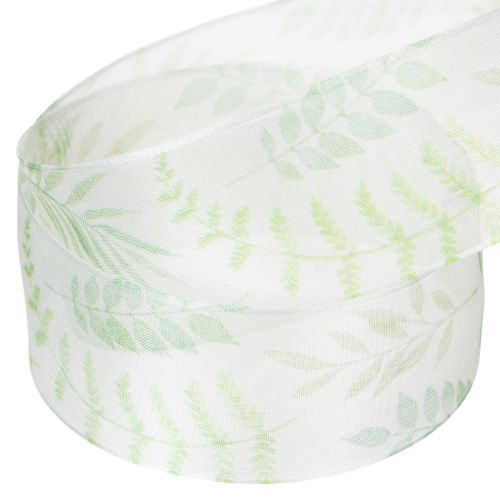 gjenstander Organzabånd, chiffonbånd, grønt med bladranker, 40 mm bredt, 15 m langt