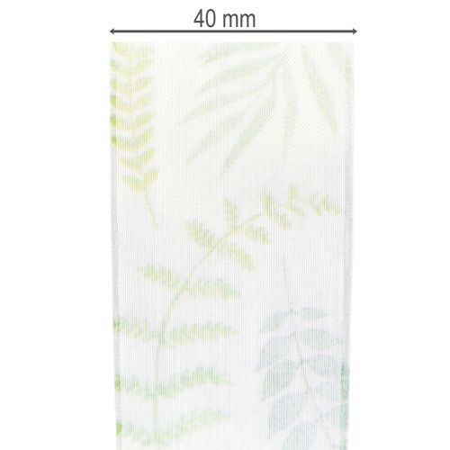 gjenstander Organzabånd, chiffonbånd, grønt med bladranker, 40 mm bredt, 15 m langt