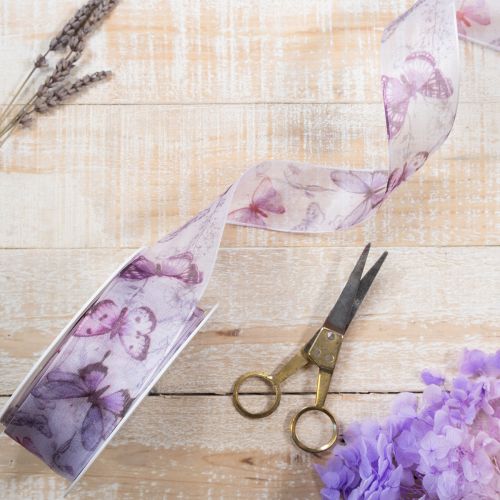 gjenstander Organzabånd, chiffonbånd, sommerfugler, lilla, 40 mm, 18 m