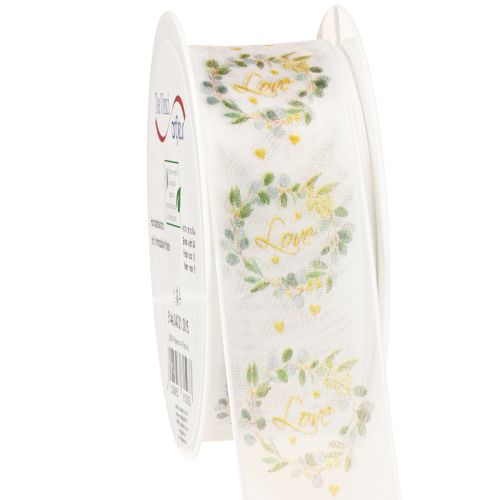 Floristik24 Organzabånd bryllupsdekorasjonsbånd «Kjærlighet» hvit 40mm 15m