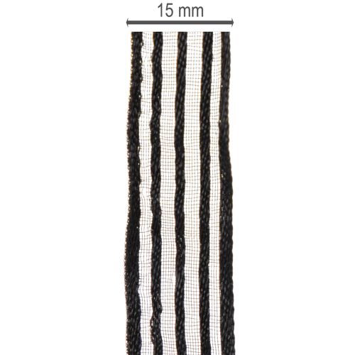 gjenstander Organzabånd med striper, gavebånd, svart, 15 mm bredt, 20 m langt