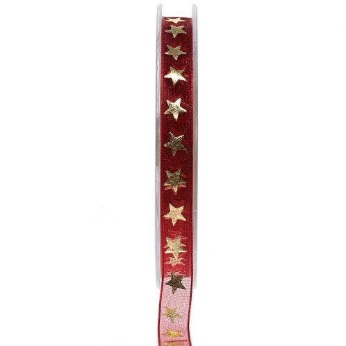 Floristik24 Organzabånd mørk rødt med gullstjerner 10mm 20m