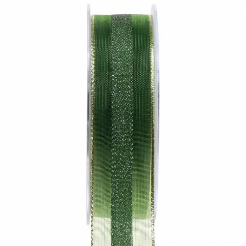 Floristik24 Organzabånd med striper mønster grønt 25mm 20m