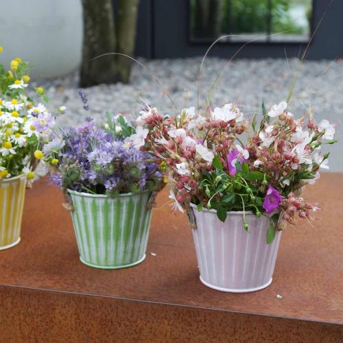 Plantebøtte, metallkrukke med håndtak, dekorativ plantekasse for planting rosa/grønn/gul shabby chic Ø12cm H10cm sett med 3 stk.