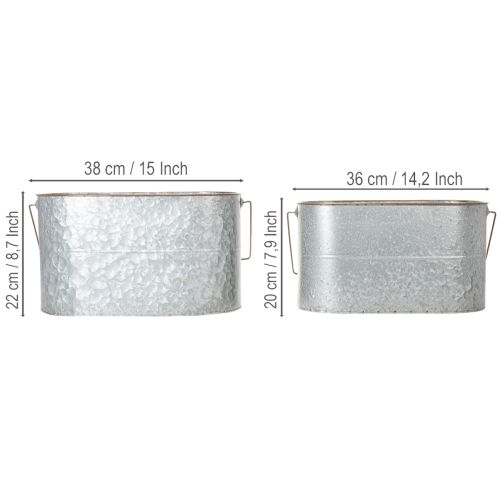 gjenstander Blomsterpotte med håndtak, metallpotte, blomsterkasse, sølv, brun, H22/20 cm L42/40 cm, sett med 2