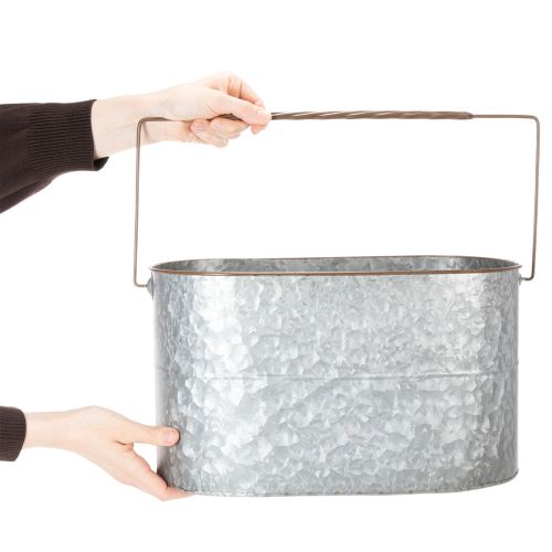 gjenstander Blomsterpotte med håndtak, metallpotte, blomsterkasse, sølv, brun, H22/20 cm L42/40 cm, sett med 2