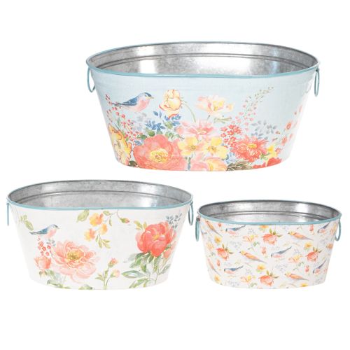 Planteskåler, vårblomst, blomster-/fuglepotter, oval metallbeholder L39/31/24,5 cm, sett med 3 | Floristik24.no