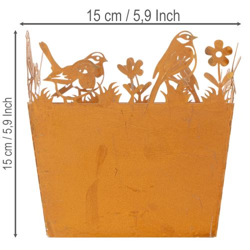 Metallblomsterpotte med fugler, blomsterkasse, vår, rustfinish, 15,5 cm høy | Floristik24.no