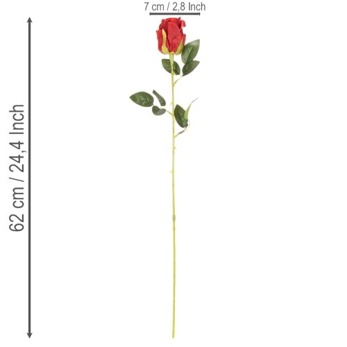 Kunstig rose med lang stilk, rød kunstig blomst, 62 cm, 12 stk. | Floristik24.no
