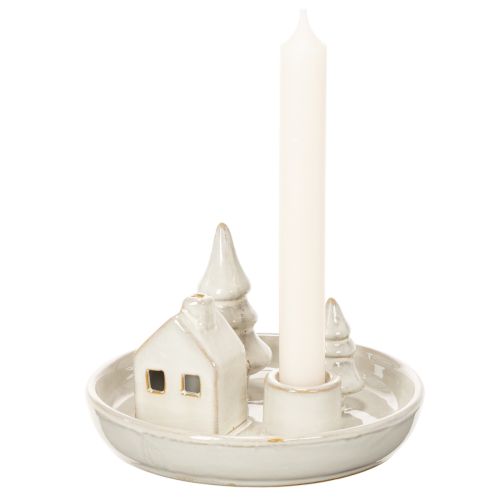 Dekorativ keramisk lysestake med hus og trær, 16 cm | Floristik24.no