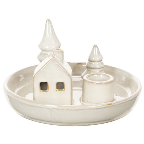 Dekorativ keramisk lysestake med hus og trær, 16 cm | Floristik24.no