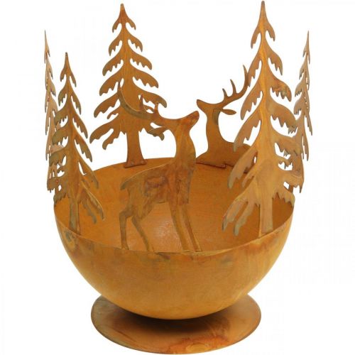 Metallskål med rådyr, skogdekorasjon til advent, dekorativt kar rustfritt stål Ø25cm H29cm