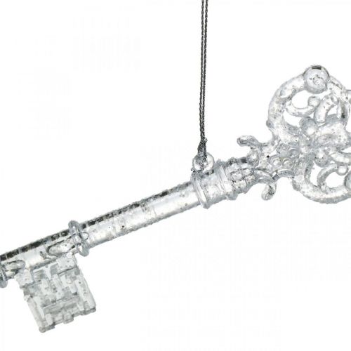 gjenstander Dekorasjonsnøkkel til juletre, advent, trevedheng med glitter gjennomsiktig / sølv L14,5cm plast 12stk