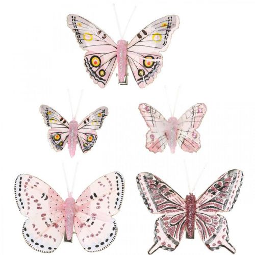 Floristik24 Deco sommerfugler med klips, fjærsommerfugler rosa 4,5-8cm 10p