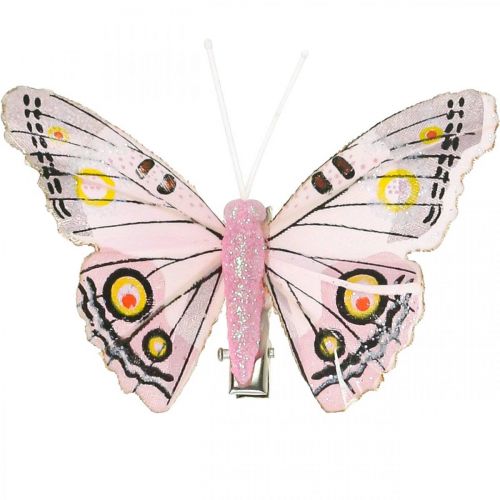 gjenstander Deco sommerfugler med klips, fjærsommerfugler rosa 4,5-8cm 10p