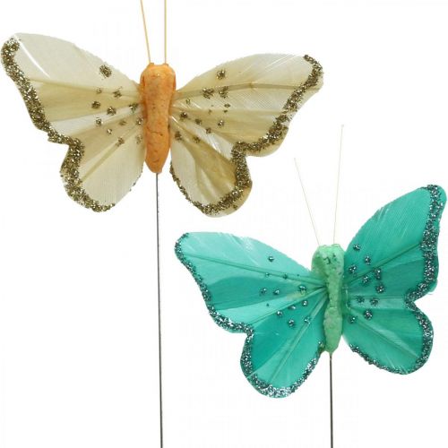 Sommerfugl med glitter, deco-plugger, fjærsommerfugl vårgul, turkis, grønn 4×6,5cm 24stk