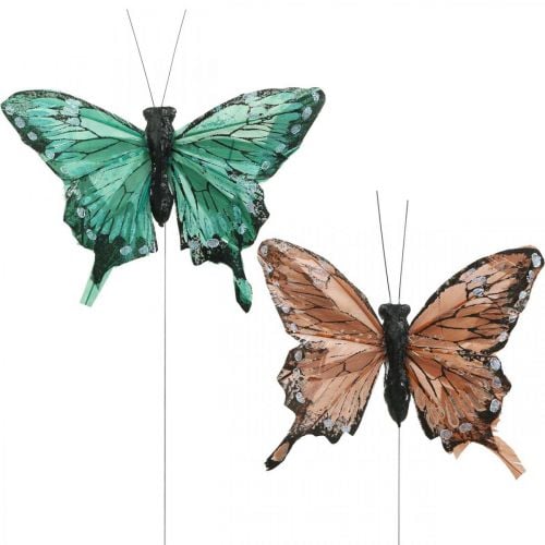 Dekorative sommerfugler, vårpynt, fjærsommerfugler, planteplugger grønn, brun 9,5×12,5cm 12stk