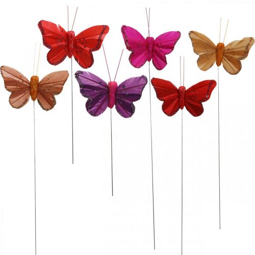 Floristik24 Vår, fjærsommerfugler med glimmer, deco sommerfugl rød, oransje, rosa, fiolett 4×6,5cm 24stk
