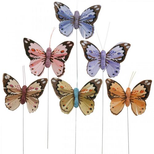 Floristik24 Fjærsommerfugler, dekorative sommerfugler på pinne, blomsterplugger rosa, oransje, fiolett, brun, blå, beige 6×8cm 12stk