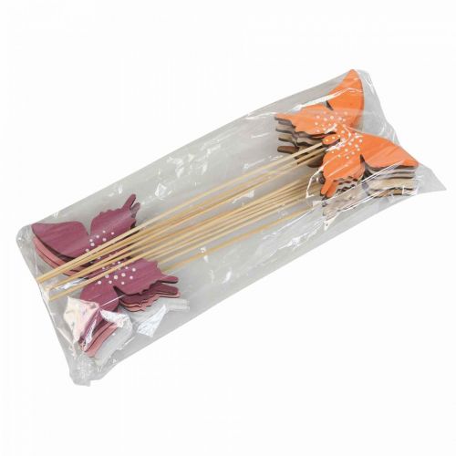 gjenstander Sommerfugl tre blomsterplugg farget 9cm/29cm 12stk
