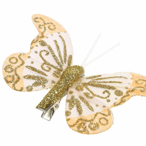 Fjær sommerfugl på klipp gull glitter 10stk