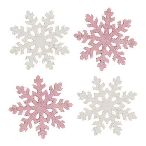 Snowflake 4cm rosa/hvit med glitter 72stk